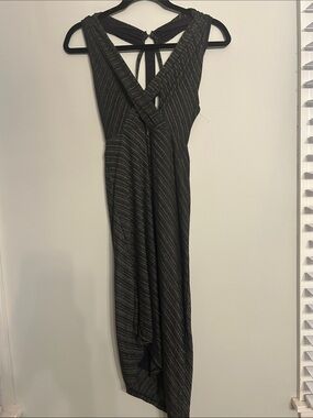 Free People Black with Gold Metallic-Striped Asymmetrical Midi Dress